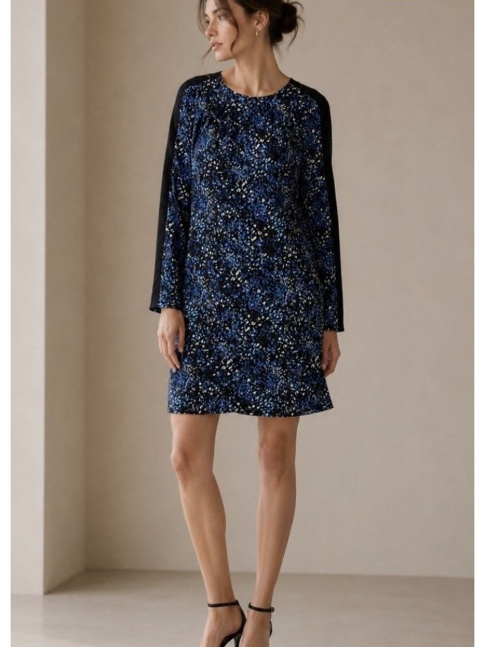 Banana Republic Blue Black Patterned Long Sleeve Shift Dress 12 Career Work
